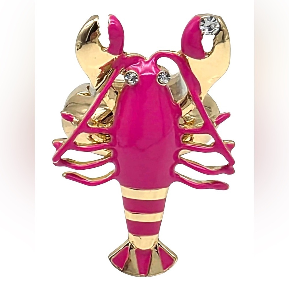 Hot Pink Enamel Lobster Ring Gold Tone Crystal Coastal Luxe Statement Rare Charm